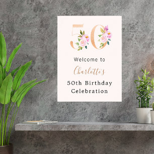Peach rosa blommigts nummer 50 födelsedagsvälkomna poster