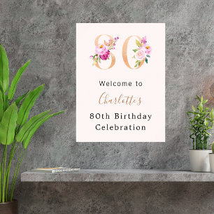 Peach rosa blommigts nummer 80 födelsedagsvälkomna poster