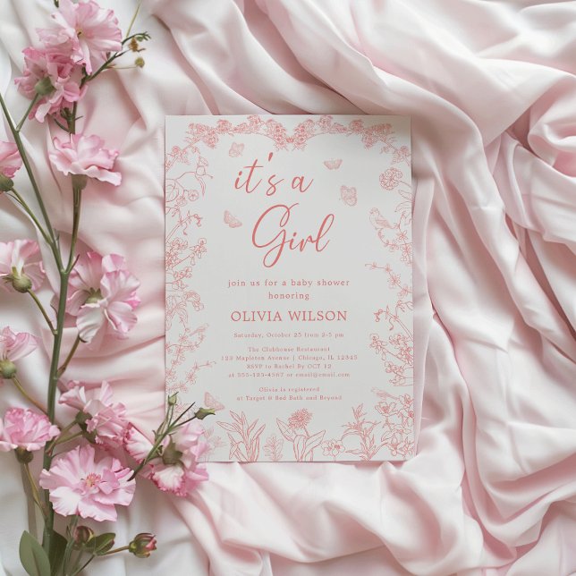 Peach Rosa Chinoiserie: "Det är en flicka-babystöl Inbjudningar ("Whimsical Peach Pink Garden Chinoiserie 'It's a Girl' Baby Shower Invitation"

)