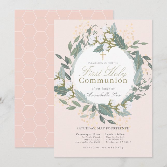 Peach Rosa Cotton WAN First Heliga Communice Inbjudningar (Fram/baksida)