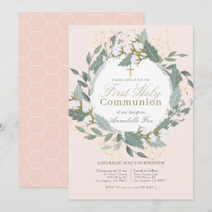 Peach Rosa Cotton WAN First Heliga Communice Inbjudningar
