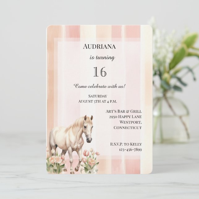 Peach Rosa Cream Rand Blommigt Horse Birthday Inbjudningar (Stående Fram)