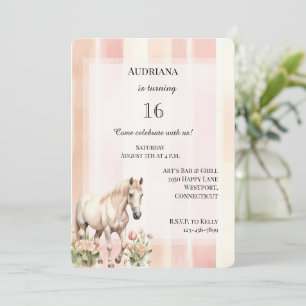 Peach Rosa Cream Rand Blommigt Horse Birthday Inbjudningar