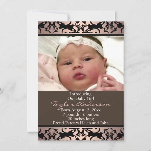 Peach Rosa Damask Photo Birth Notice Meddelande (Framsida)