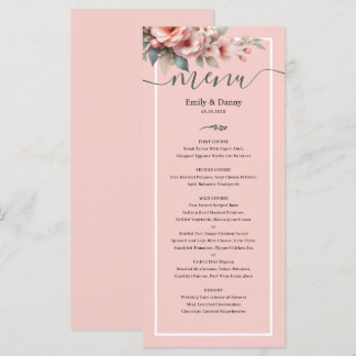 Peach Rosa Elegant Botanical Bröllop Menu Meny