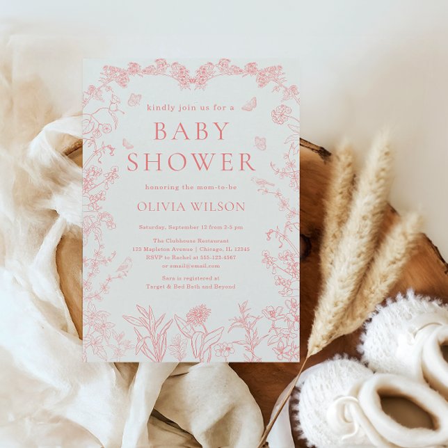 Peach Rosa Garden Chinoiserie Baby Shower Inbjudningar (Peach Pink Garden Chinoiserie Baby Shower Invitation)