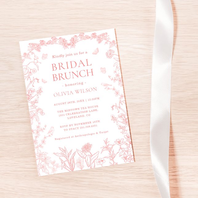 Peach Rosa Garden Chinoiserie Möhippa Brunch Inbjudningar (Whimsical Peach Pink Garden Chinoiserie Bridal Brunch Invitation)