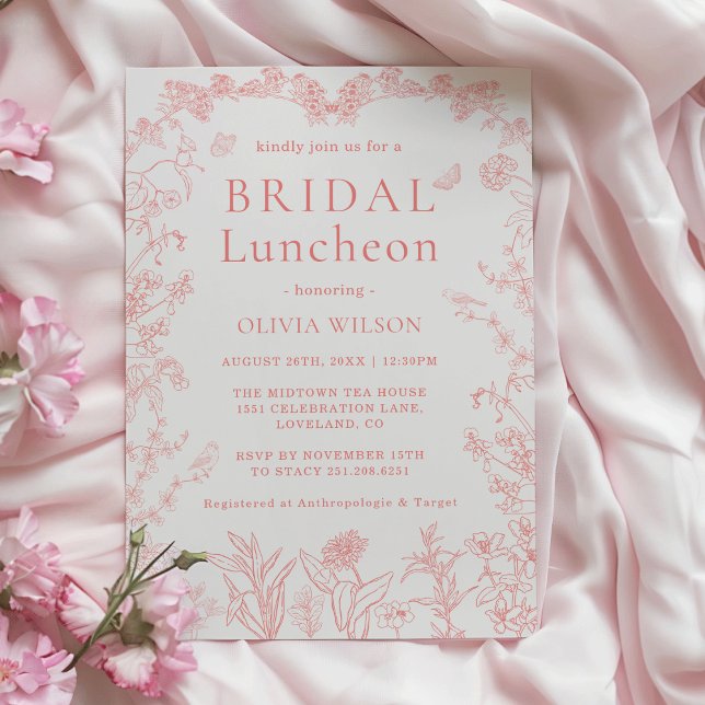 Peach Rosa Garden Chinoiserie Möhippa Luncheon Inbjudningar (Whimsical butterflies & Birds Peach Pink Garden Chinoiserie Bridal Luncheon Invitation)