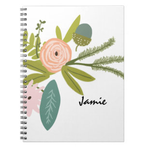 Peach Rosa Grönt Blommigt and Fauna Anteckningsbok Med Spiral