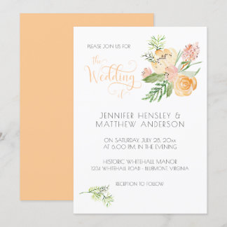 Peach Rosa Guld Watercolor Blommigt Bröllop | Inbjudningar