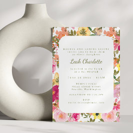 Peach Rosa Gult VattenfärgsBlommigt Bat mitzvah Inbjudningar