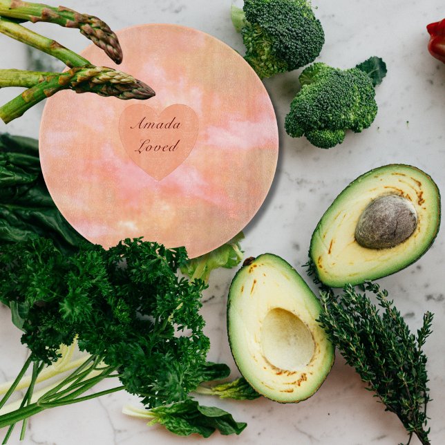Peach & Rosa Heart & Himlar Bilingual "Amada" "Lov (Peach Bilingual cutting board, Spanish custom text. Multilingual Project)