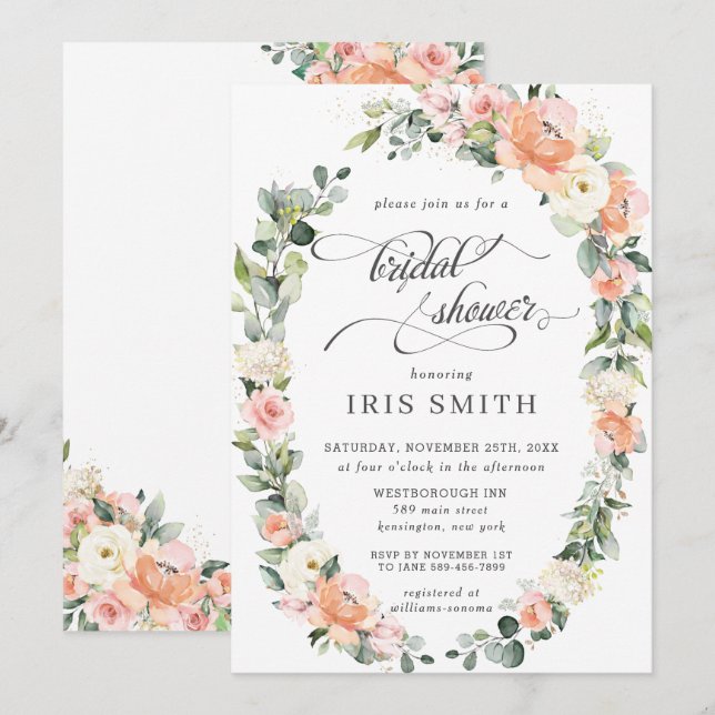 Peach Rosa Ivory Blommigt Bladkrans Möhippa Inbjudningar (Fram/baksida)