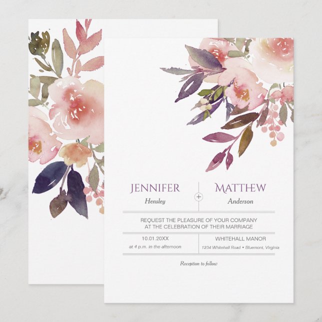 Peach Rosa Lavender Watercolor Wedding-inbjudninga Inbjudningar (Fram/baksida)