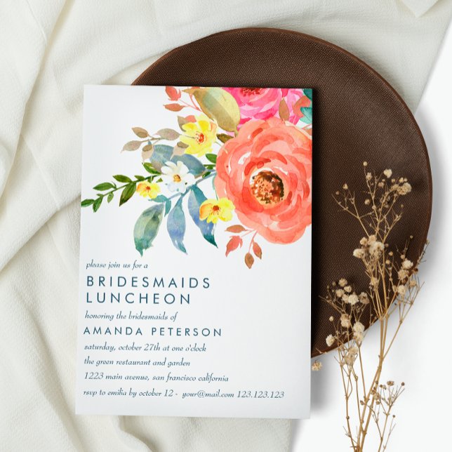Peach Rosa Peonies Bridesmaids Luncheon Bröllop Inbjudningar (Skapare uppladdad)