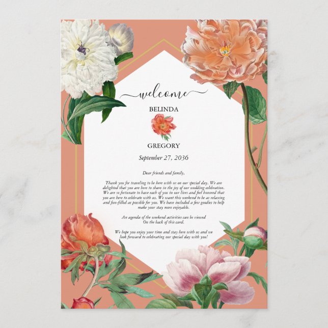 Peach Rosa Peonies Flowers Bröllop Itinerary Program (Framsida)