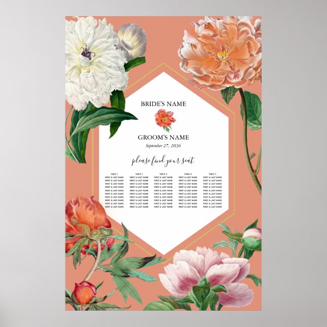 Peach Rosa Peonies Flowers Bröllop Sittdiagram Poster (Framsidan)