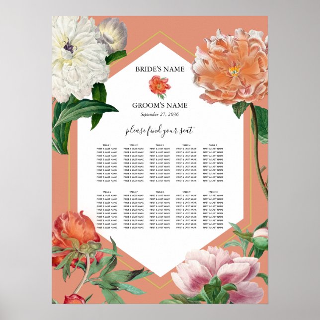 Peach Rosa Peonies Flowers Bröllop Sittdiagram Poster (Framsidan)