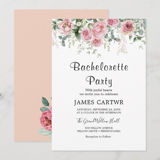 Peach & Rosa Peony Bachelorette-partiets inbjudan (Fram/baksida)