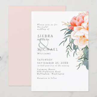 Peach Rosa Peony Eucalyptus Grey Bröllop Inbjudningar