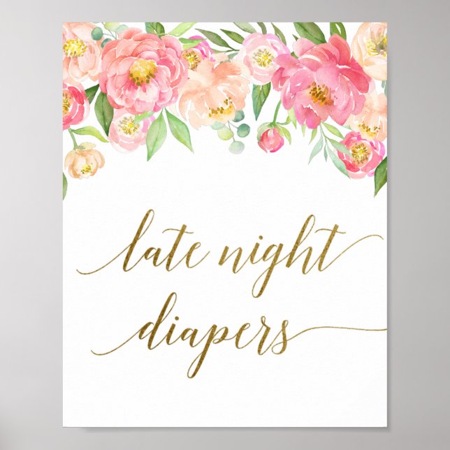 Peach & Rosa Peony Flower Late Night Diaper Sign Poster (Framsidan)