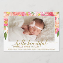 Peach & Rosa Peony Flower Photo Birth Announcement