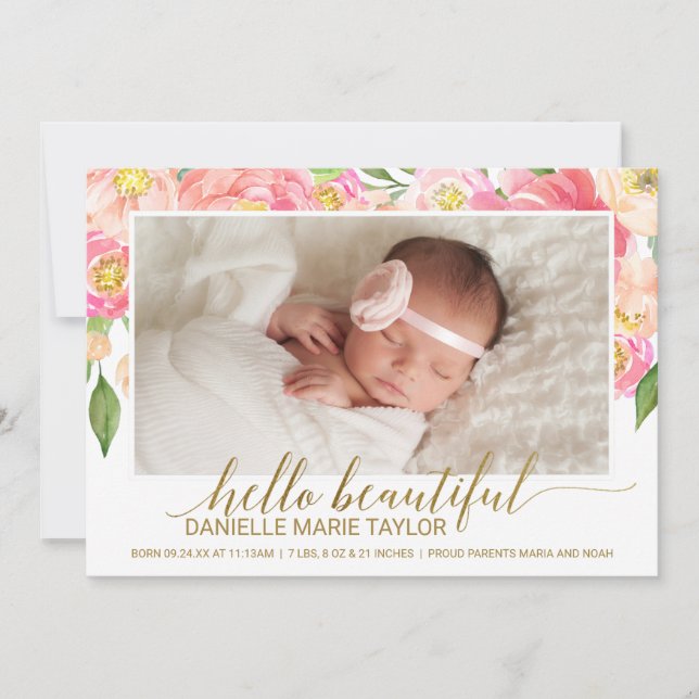 Peach & Rosa Peony Flower Photo Birth Announcement Meddelande (Framsida)