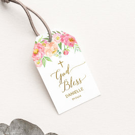 Peach & Rosa Peony Flowers Välsigna dig Baptism Fa Presentetikett