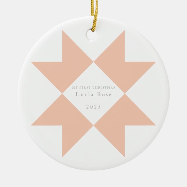 Peach Rosa Quilt Star Min första jul Julgransprydnad Keramik (Framsidan)