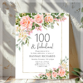Peach Rosa ros Blommigt 100:e födelsedagsinbjudan