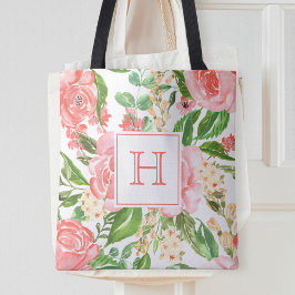 Peach Rosa ros Blommigt Watercolor Söt Monogram Tygkasse