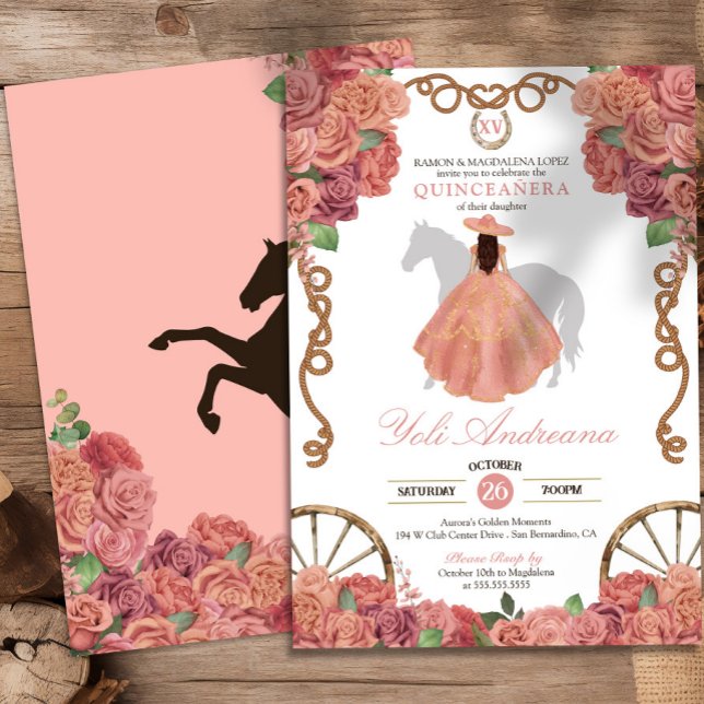 Peach Rosa ros Guld Western Charro Quinceañera Inbjudningar (Skapare uppladdad)