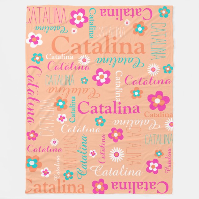 Peach rosa white aqua-blomma och namn-filt fleecefilt (Framsidan)