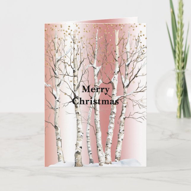 Peach Rose Birch Trees Gold Glitter Christmas Kort (Framsida)