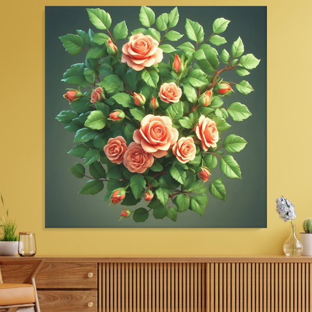 Peach Rose Bouquet With Greenery Canvastryck (Insitu (Vardagsrum))