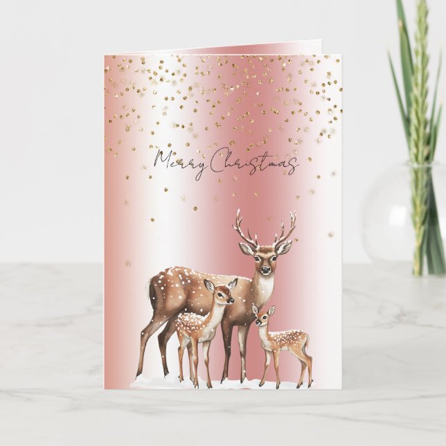 Peach Rose Deer Gold Glitter Christmas Kort (Framsida)