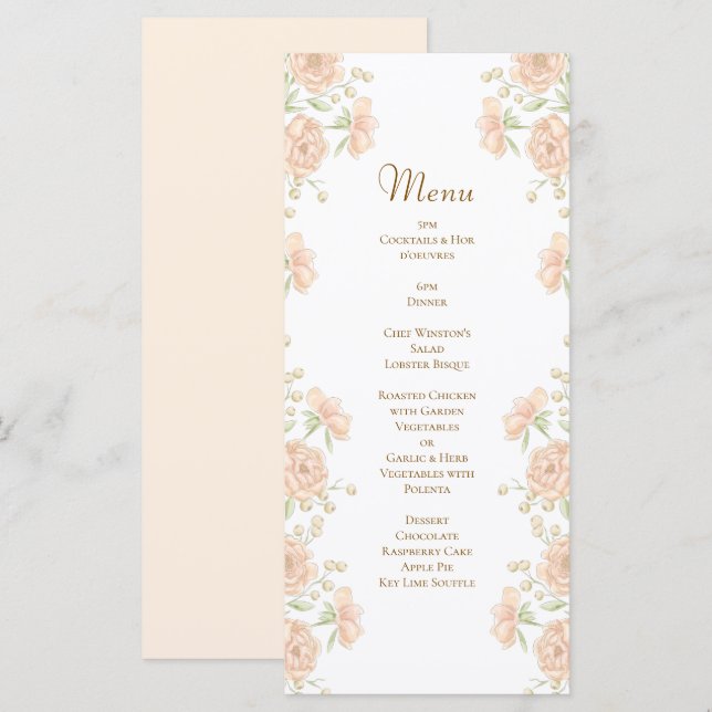 Peach Rose Wedding Menus Meny (Fram/baksida)