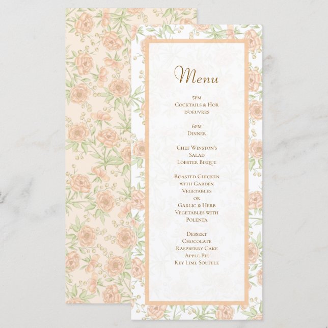 Peach Rose Wedding Menus Meny (Fram/baksida)