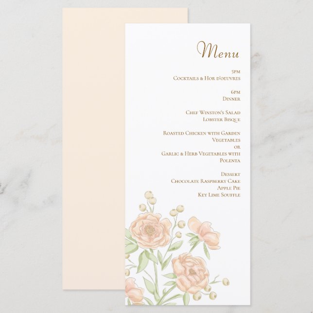 Peach Rose Wedding Menus Meny (Fram/baksida)