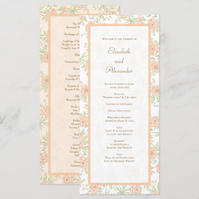 Peach Rose Wedding Programs Meny (Fram/baksida)