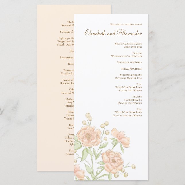 Peach Rose Wedding Programs Meny (Fram/baksida)