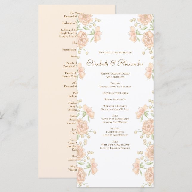 Peach Rose Wedding Programs Meny (Fram/baksida)