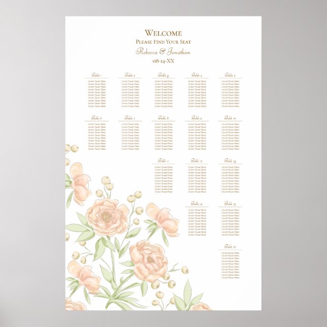 Peach Rose Wedding Seating Chart Poster (Framsidan)