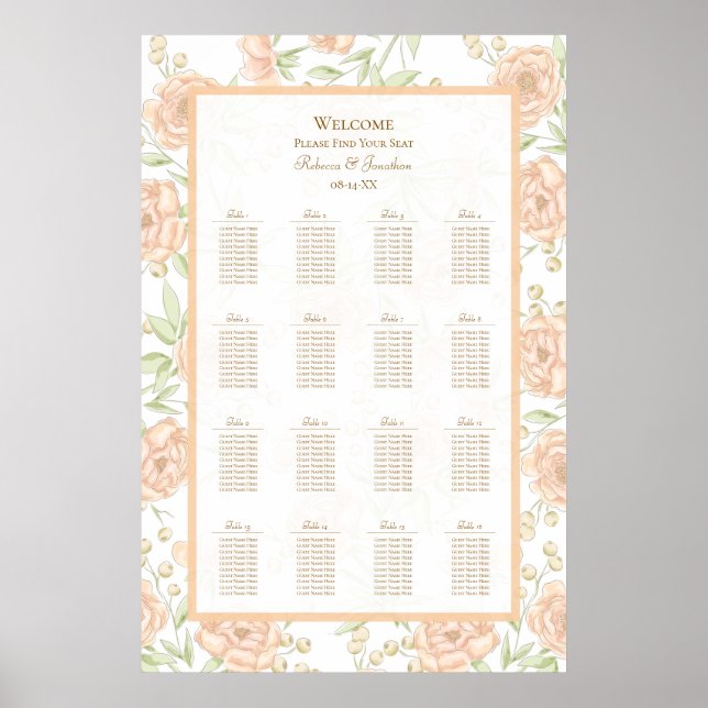Peach Rose Wedding Seating Chart Poster (Framsidan)
