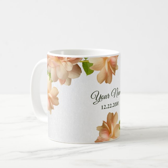 Peach Roses Floral Silver Glitter Wedding Party Kaffemugg (Framsida vänster)