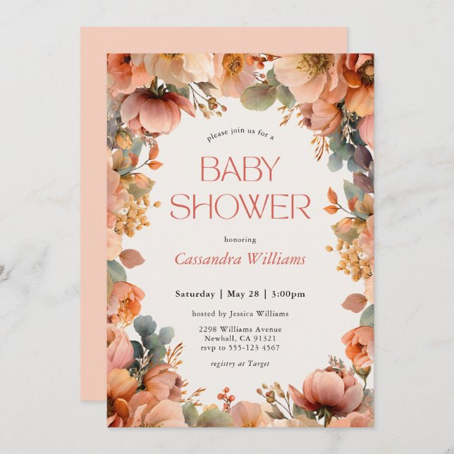 Peach Sage Floral Baby Shower Inbjudningar (Fram/baksida)
