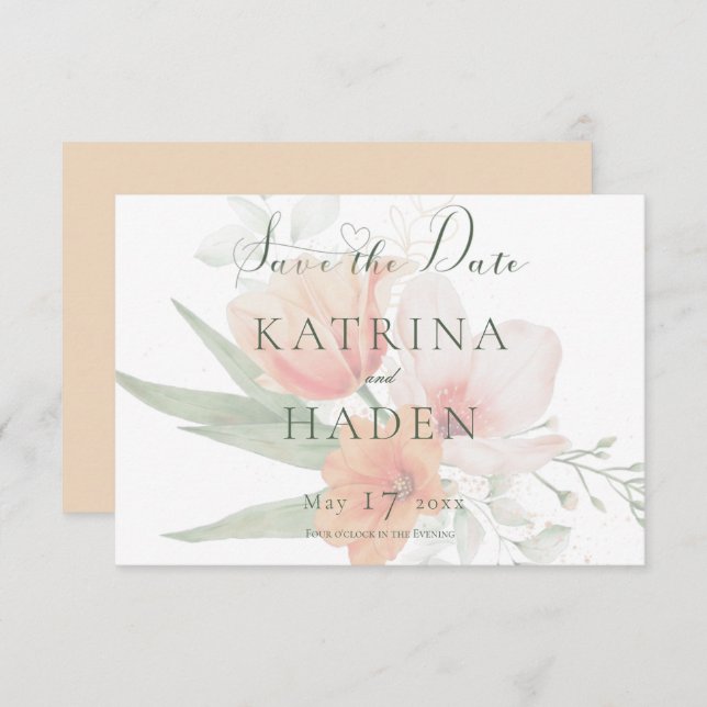 Peach & Sage Grönt Flowers Bröllop Spara Datumet (Fram/baksida)