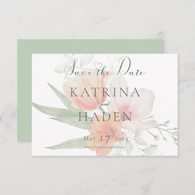 Peach & Sage Grönt Flowers Bröllop Spara Datumet (Fram/baksida)