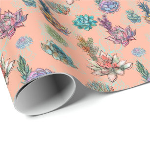 *~* Peach Salmon Blue Grönt Succulated Mönster Presentpapper