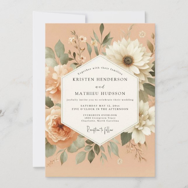 Peach Serene Flora Wedding Inbjudningar (Framsida)